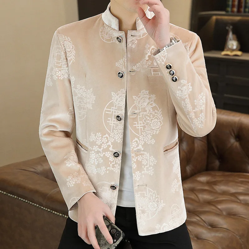 

HOO 2024 Men's New Chinese Jacquard Satin blazer Youth Stand Collar Casual blazer