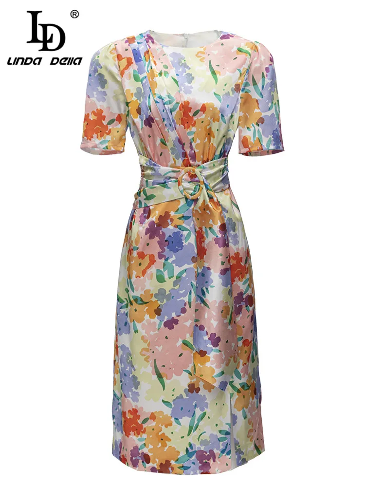 LD LINDA DELLA  Summer New Light luxury Round Neck Multi-Color Printed Ruffled Waist Dress Temperament Shopping Casual Mini