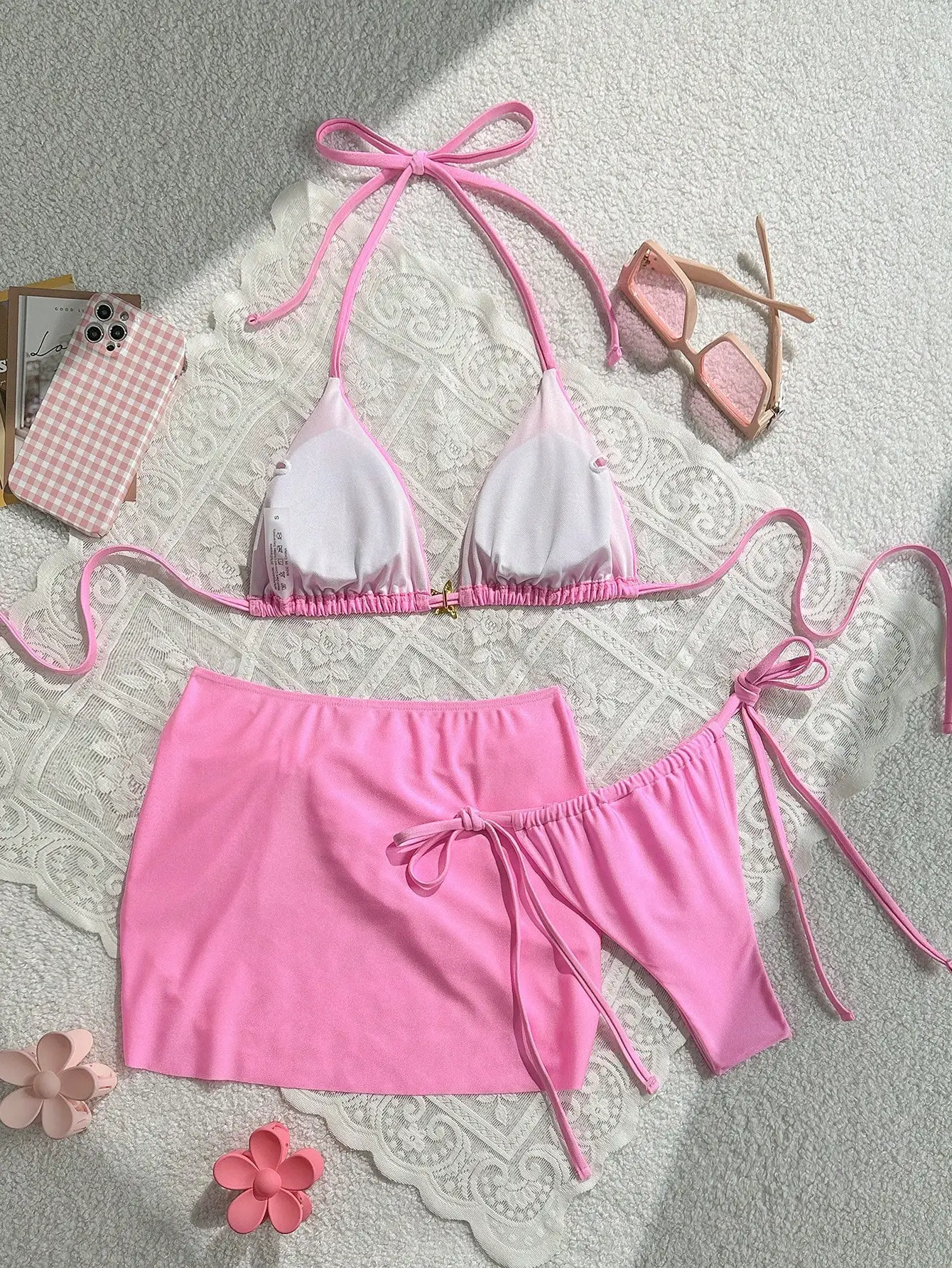 

3pcs Solid Pink Tie Halter Triangle Bikini Top Mini Skirt Swimsuit Set