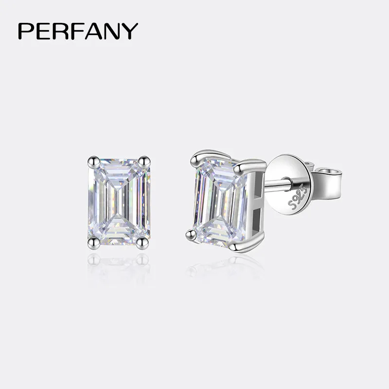 PERFANY 2CT szmaragdowy/promienny szlif Moissanite kolczyki dla kobiet S925 czyste srebro prostokątne laboratorium diamentowa biżuteria ślubna