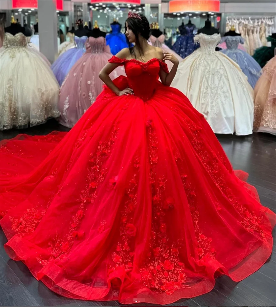 

Princess Red Quinceanera Dresses Ball Gown Florals Vestidos De 15 Anos Lace Bow Plus Size Birthday Party Puffy Elegant Formal