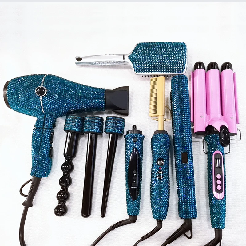 Hot hair tools set 6pcs salon hair styling tools bling professional hair dry and bling triple barrel curling