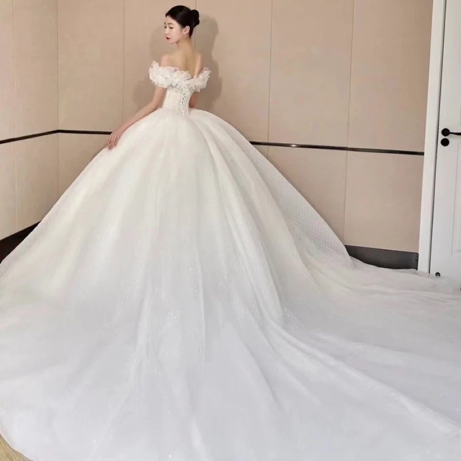 Off Shoulder Elegant Wedding Dress 2024 Flower Beaded A-Line Court Train Princess Bride Gown Customized A028