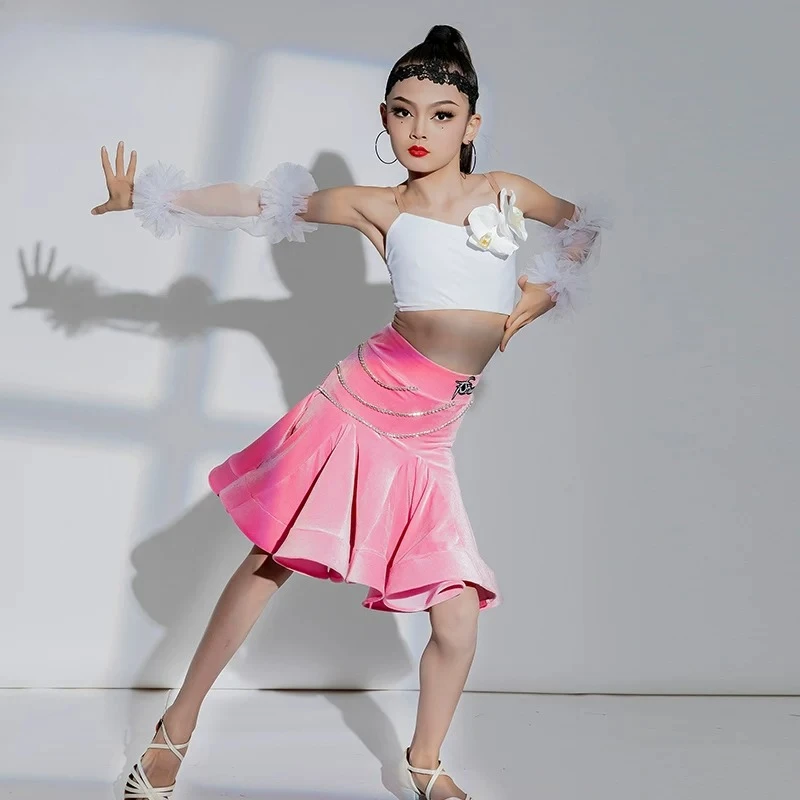 Nouvelle robe de danse latine pour filles, robe de spectacle, robe d'entraînement professionnelle, robe de danse pour enfants avec grande jupe.