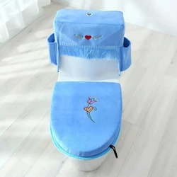 Four Seasons Universal Toilet Seat Pads Set Cartoon Embroidery Home Toilet Ring Cover Toilet Tank Dust Cover With Storage Pocket