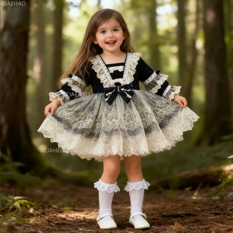 

New Girls Lace Dress Costume Long Sleeve Bow Tulle Princess Gown Clothes Childrens Party Birthday Pageant Formal Dresses Vestido