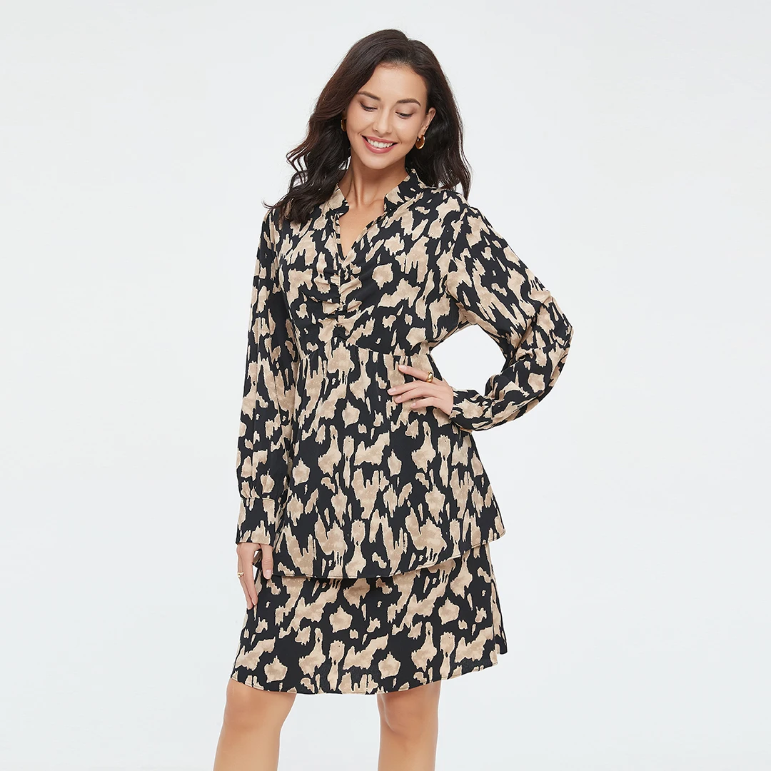 Plus Size Dresses 100%Polyester Casual Dress 2024 Fashion Leopard Print Over Size Dresses For Women Long Sleeves Summer Clothing