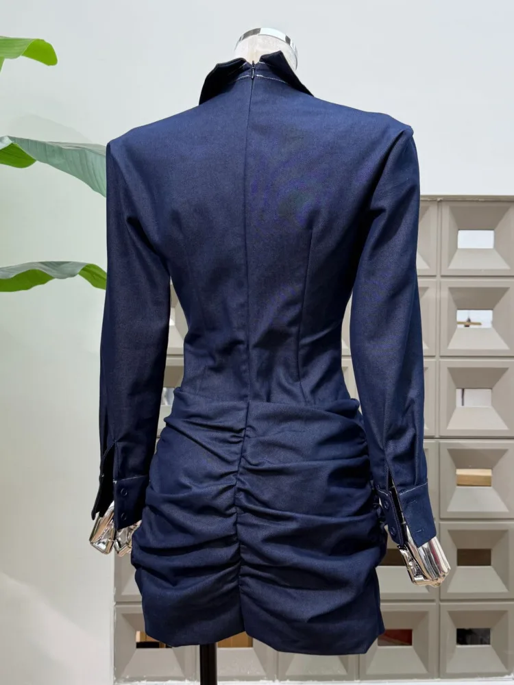 DFDG Abito da ufficio primavera estate 2025 da donna Denim Blu finto in due pezzi con vita disossata Abito camicia a tubino increspato Abito dal design artigianale