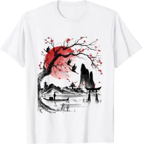 Japanese Tree Red Moon With Birds Flying in Background T-Shirt