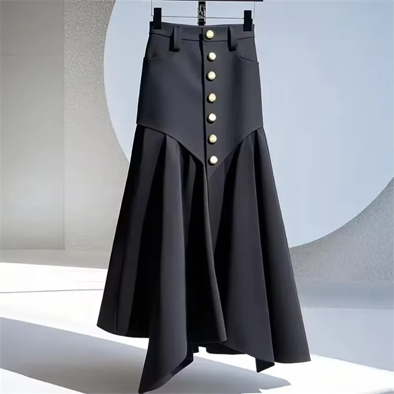 Summer Design Vintage Button Long Skirts Women Korean Loose High Waist Irregular Skirt France Casual Streetwear Patchwork Skirts