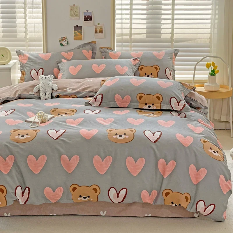 Cartoon Bear Pattern Duvet Cover Set Kids Girls Kawaii Bedroom Cotton Soft Breathable Bedding 1 Duvet Cover with 2 Pillowcases