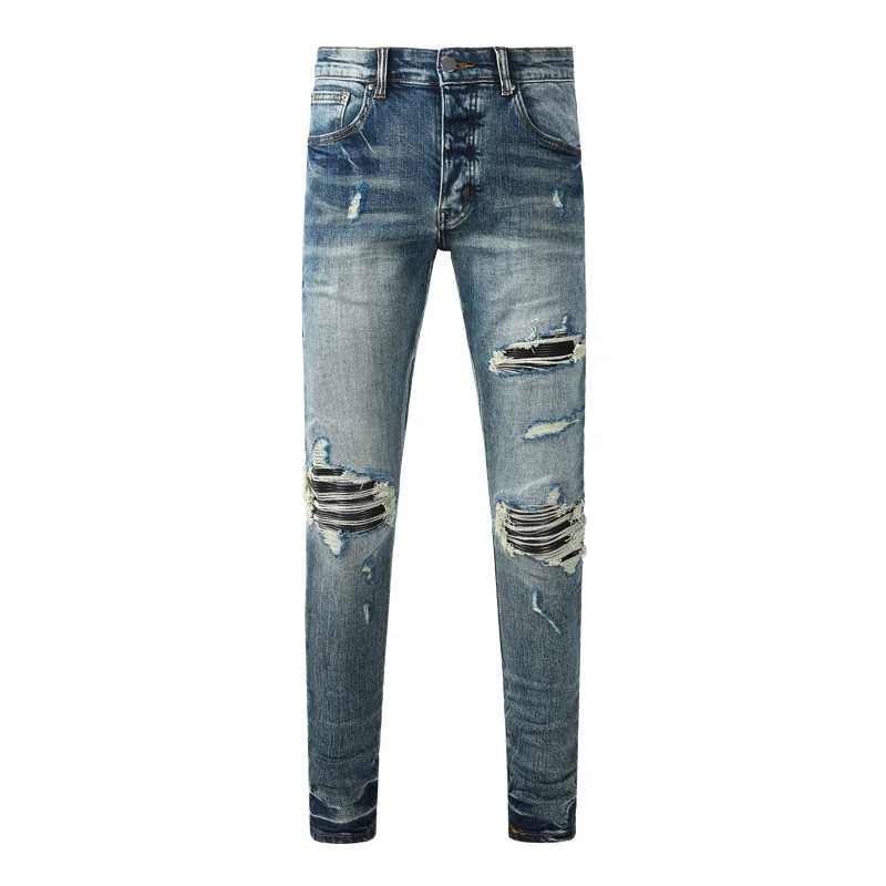 Men Vintage Washed Blue Strip‑Layer Ripped Skinny Jeans, Distressed Frayed Denim Pants, Mid‑Waist Stretch Slim‑Fit Street Fashio