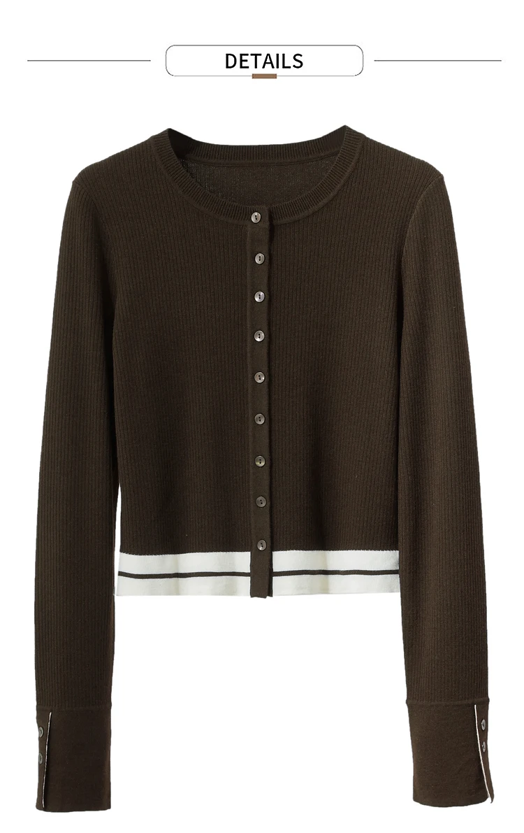 Amii Minimalism 2026 Strickjacke für Damen Herbst Neu Pendler O-Ausschnitt Gespleißte Kurze Wollstreifen Schlanke Langarm-Oberteile 12443022 – Detail 29