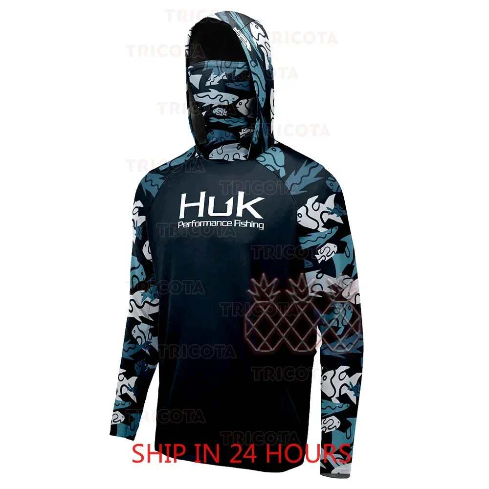 HUK Fishing Shirts Summer Long Sleeve Face Mask Fishing Hooded Shirt UPF50+ Breathable Performance Fishing Clothes Camisa Pesca