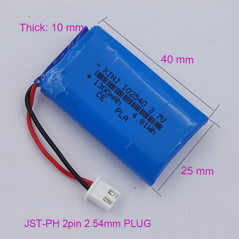 3.7V 1300 mAh 4.81Wh Rechargeable Polymer Li Lipo Battery 102540 JST-PH 2Pin 2.54mm Connector For GPS Car Camera DashCam Speaker