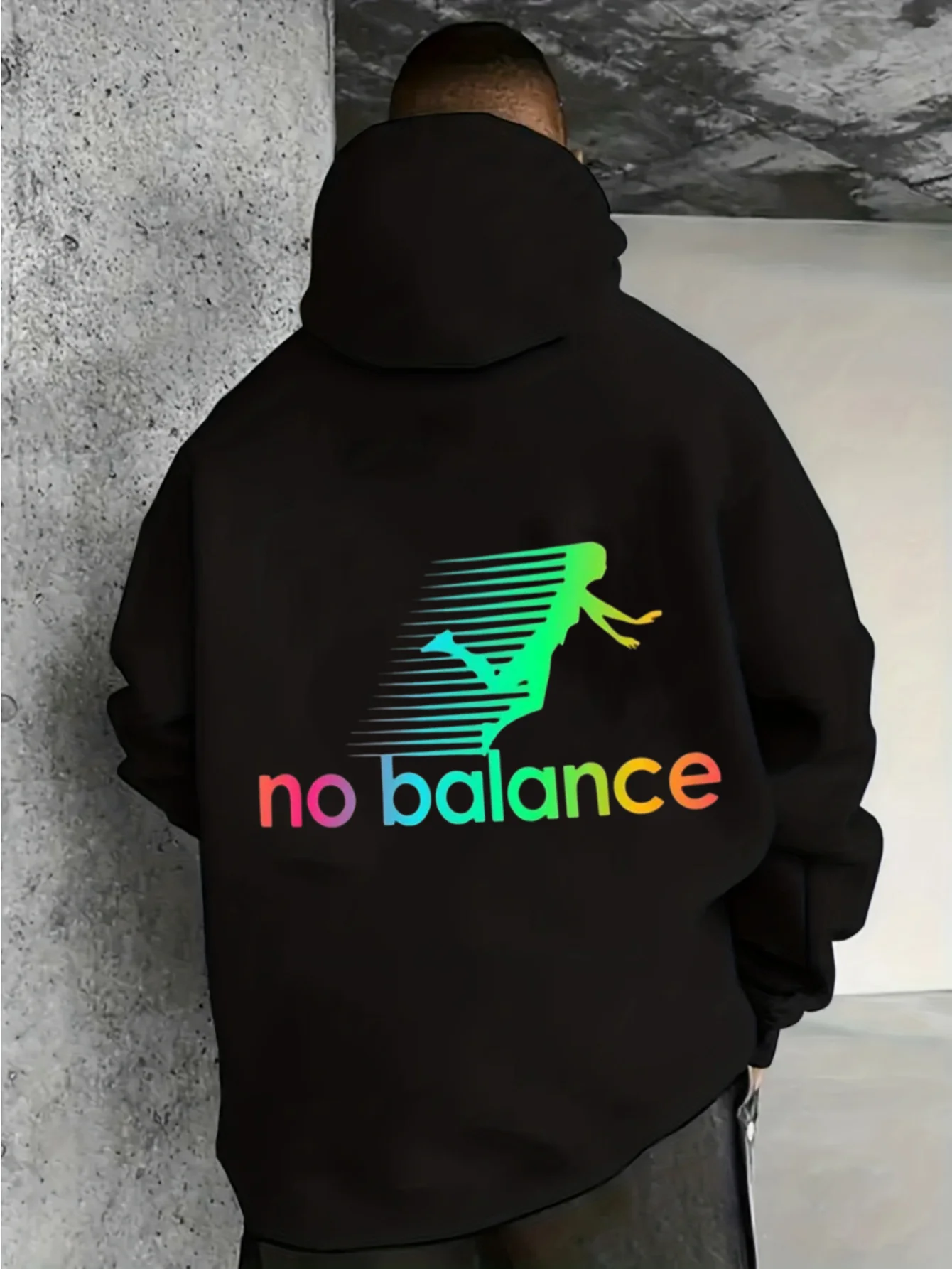 Men Back Print Hoodie, Rainbow Gradient No Balance Falling Figure Graphic Hooded Sweatshirt, Parody Streetwear Casual Loose Pullover Hoodie