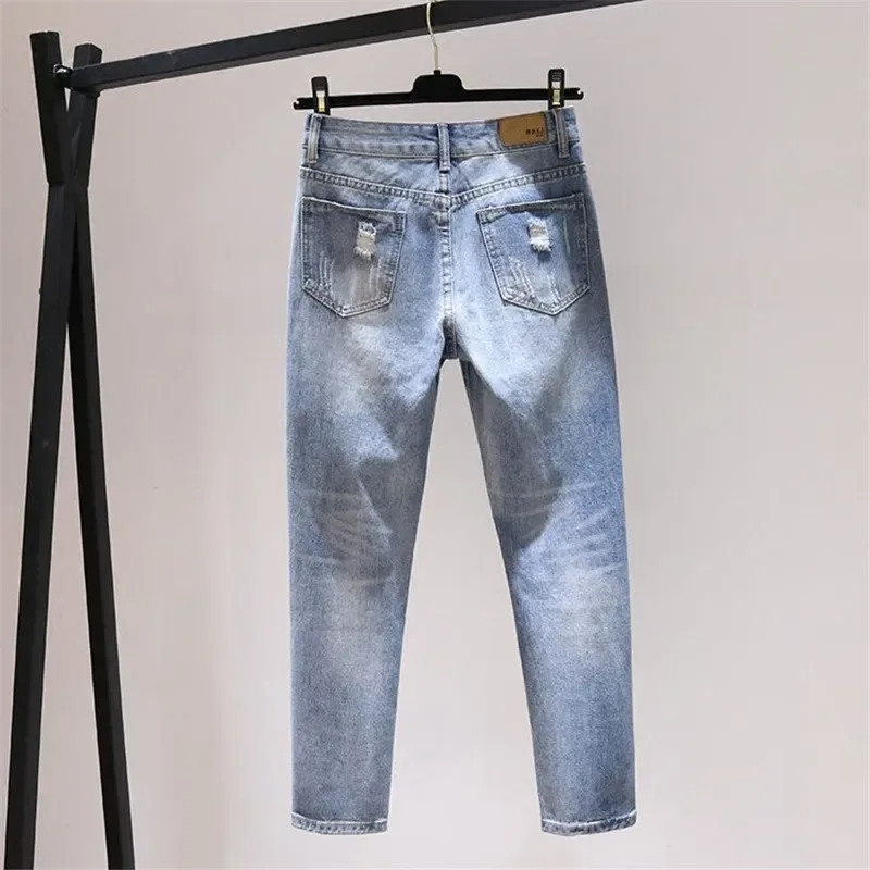 Korean Hole JeansWomen Spring Summer New Loose Bf High Waist Denim Pants Women Straight Nine Points Harem Cowboy Trousers