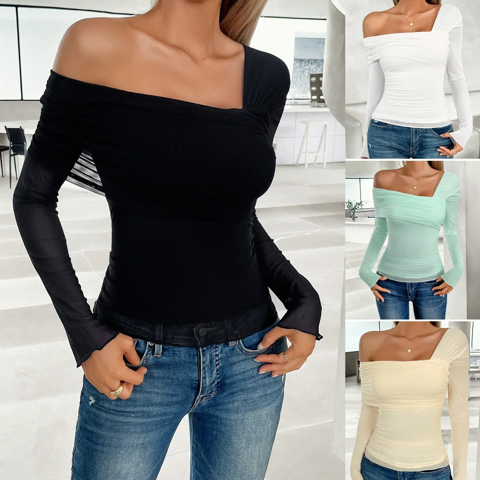 

Spring Summer Women's Fashion Casual Solid Single Shoulder Long Sleeved Top With Pleats For Outdoor Wear Slim Fit Y2K T-shirt