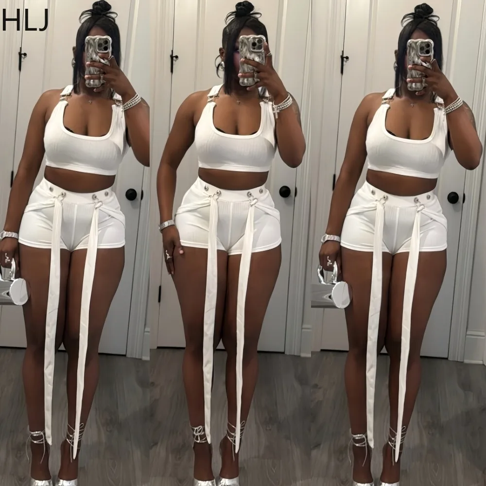 

HLJ Sexy Rib Woman 2 Piece Set Outfit Halter Sleeveless Backless Tank Tops + Bandage Patchwork Shorts Matching Female Streetwear