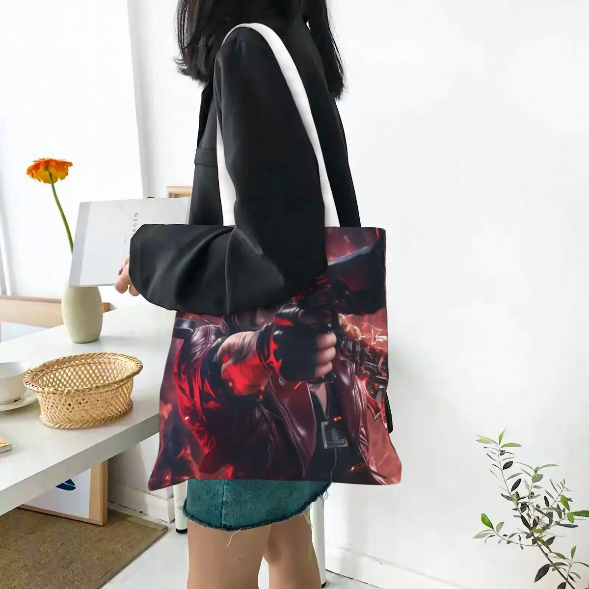 Devil Action Game Casual May Cry  Shopping Bags Canvas The Tote Bag Folding for Ladies Shoulder Tote Travel Handbag