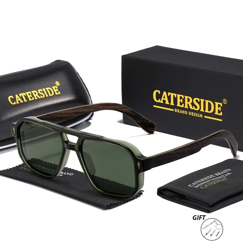 CATERSIDE Retro Quadratische Piloten-Sonnenbrille für Herren und Damen mit Holzmaserung-Bügeln, Korrektionsbrille, Luxuriöse Maßanfertigung – Detail 11