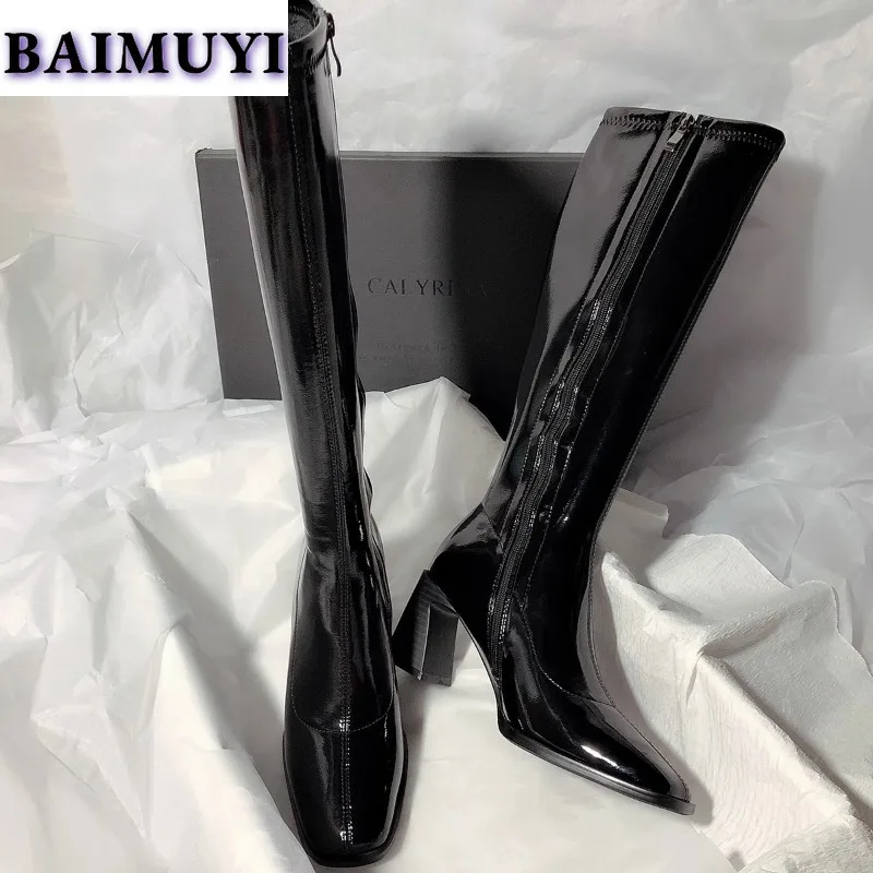 Kobiety Square Toe High Boots Chunky Heels Chelsea Shoes Winter Snow Boot Short Plush 2025 Trend Goth Glossy Leather Zapatos Mujer