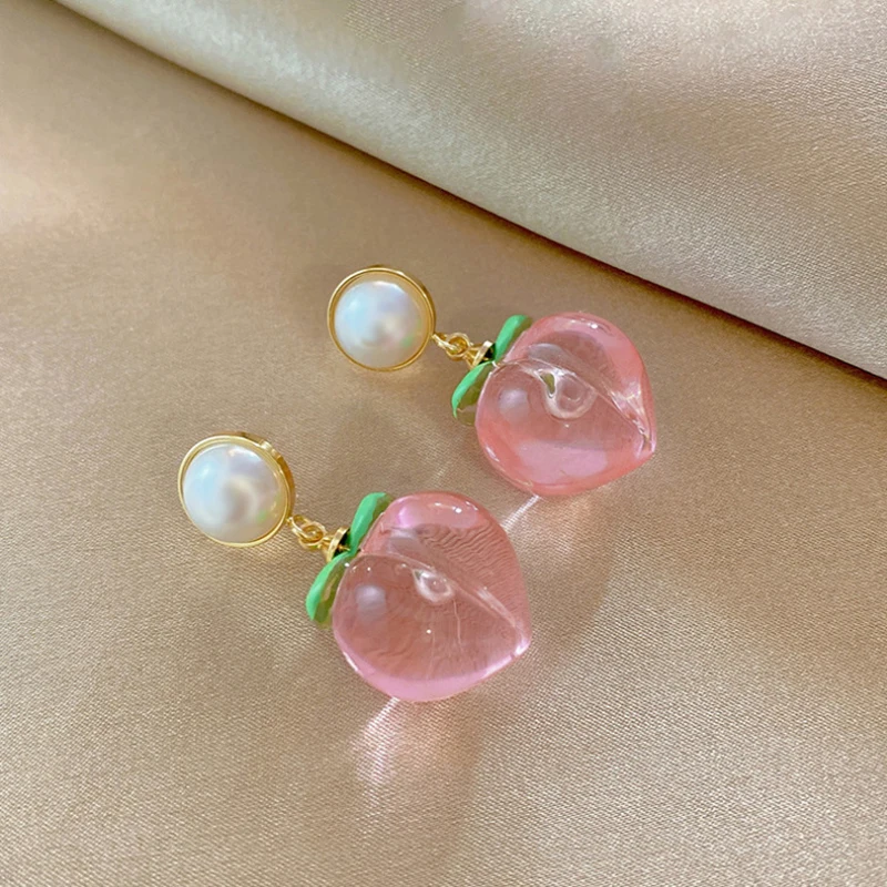 Transparent Light Pink Peach Shape Dangle Earrings for Women Acrylic Imitation Pearl Round Drop Earrings Cute Heart Jewelry Gift