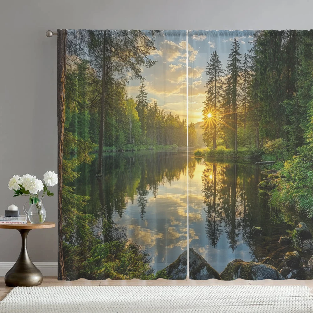 2Pcs Sunset Lake Forest Print Home Decoration Window Screens Suitable For Kitchen, Coffee Shop, Restaurant, Bedroom
