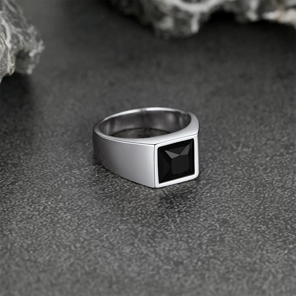 U7 Stainless Steel Unisex Signet Ring Square Black Stone Gemstone Charm Size 7-14 Club Union Lovers Couple Jewelry