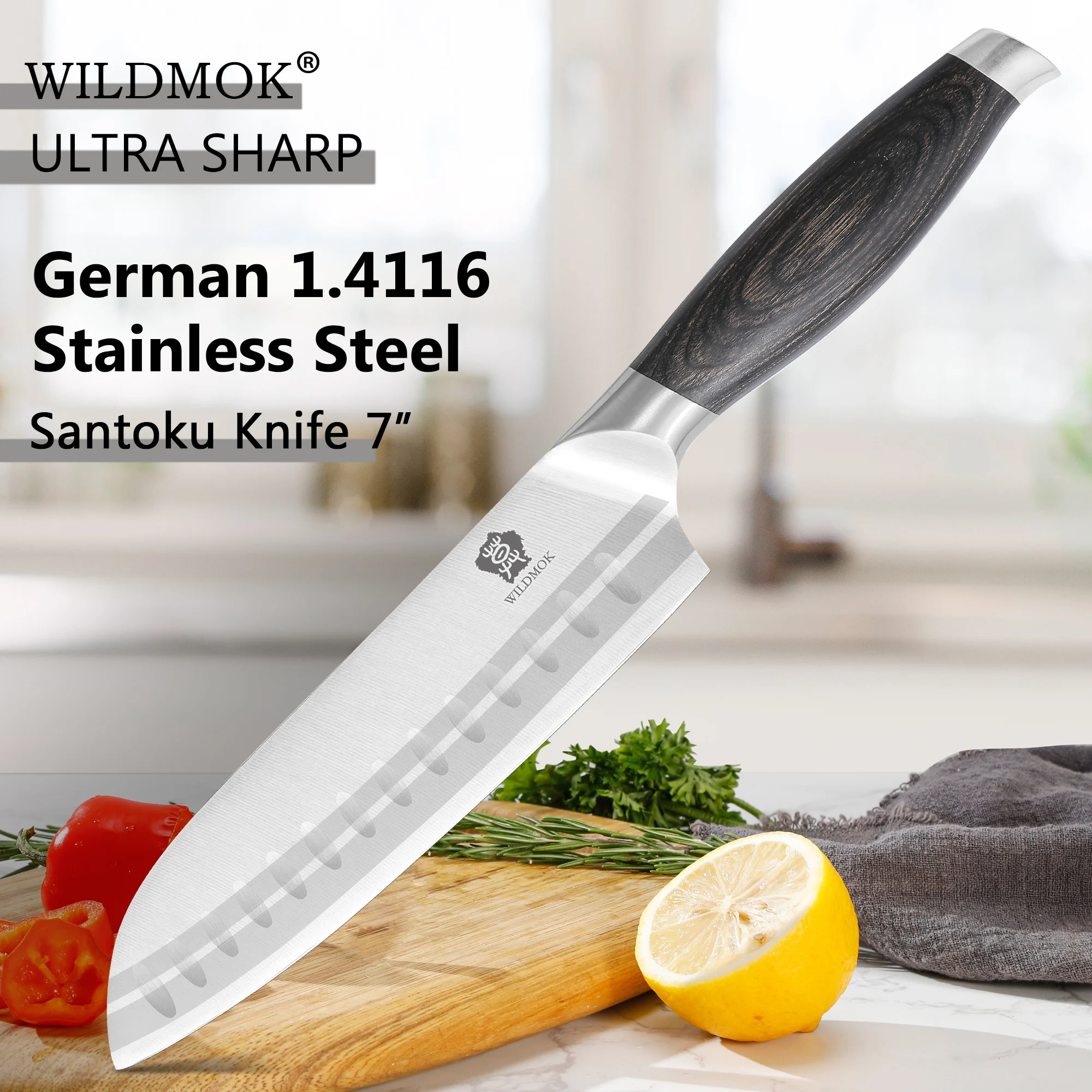 WILDMOK German Stainless Steel 7 Inch Santoku Knife, Ultra Sharp Kitchen Chopping Knife with Pakka Wood Handle