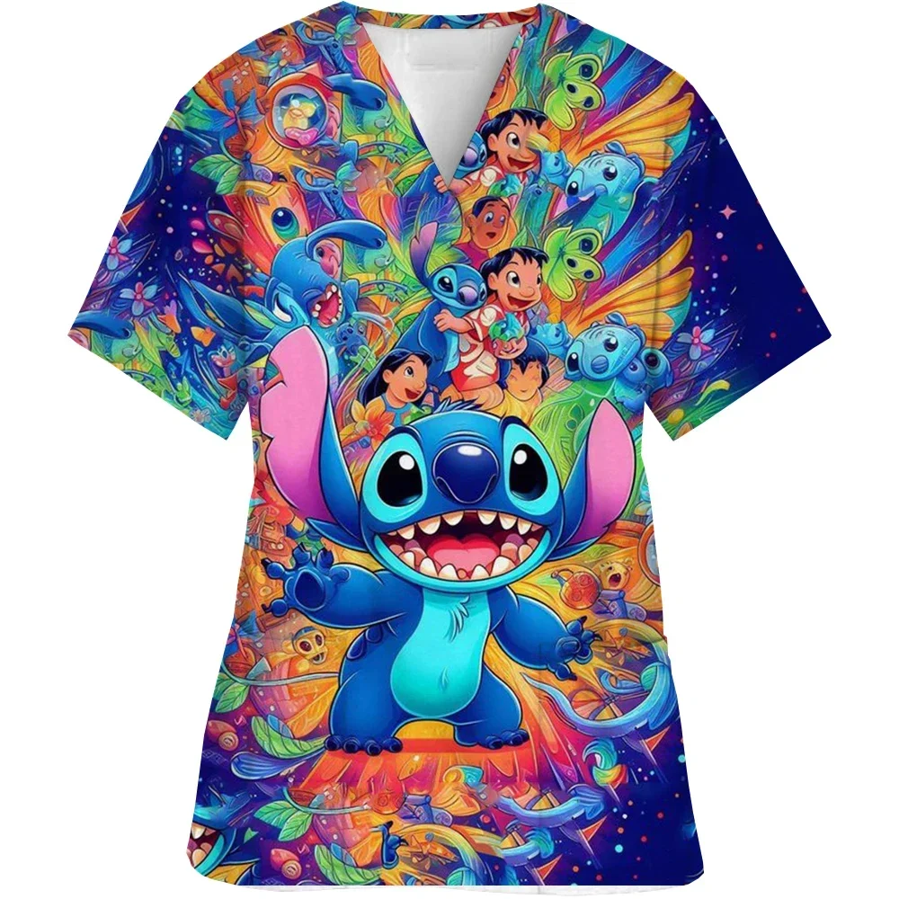 Miniso T-shirt Stitch Nurse Uniform Tops V Neck T Shirt Disney Hospital Woman Clothes Pocket Top Women 2024 Summer