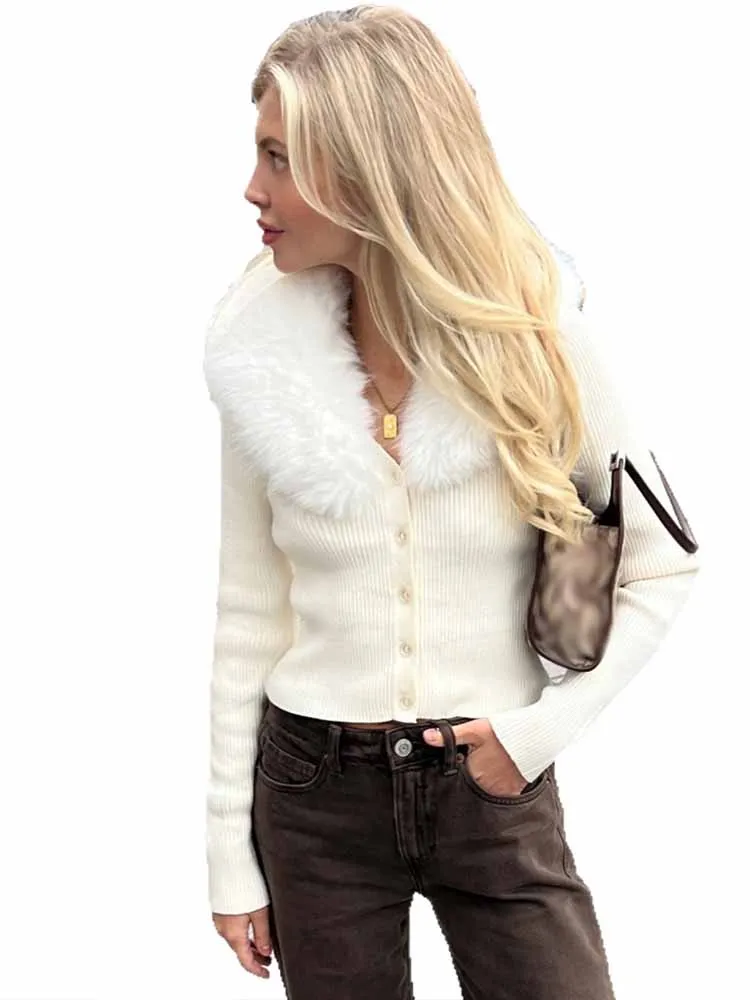 MCDV Biały Kardigan z Kołnierzem z Futra Damski Elegancki Zapinany na Guziki Sweter z Długim Rękawem Slim Y2k Krótkie Płaszcze Jesienna Odzież Dzianinowa 2025