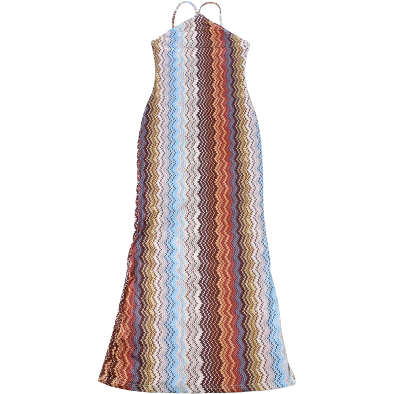 Weird Puss, farbenfrohes, langes Kleid für Damen, Sommer-Trend, Neckholder, schulterfreies Design, rückenfreies Modell, ideal für Urlaub, Strandpartys, eleganter Stil, Vestidos. – Detail 3