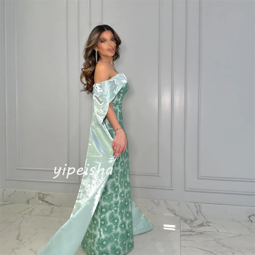 Customized Satin Flower Beading Ruched Cocktail Party A-line Off-the-shoulder Bespoke Occasion Gown Long Dresses