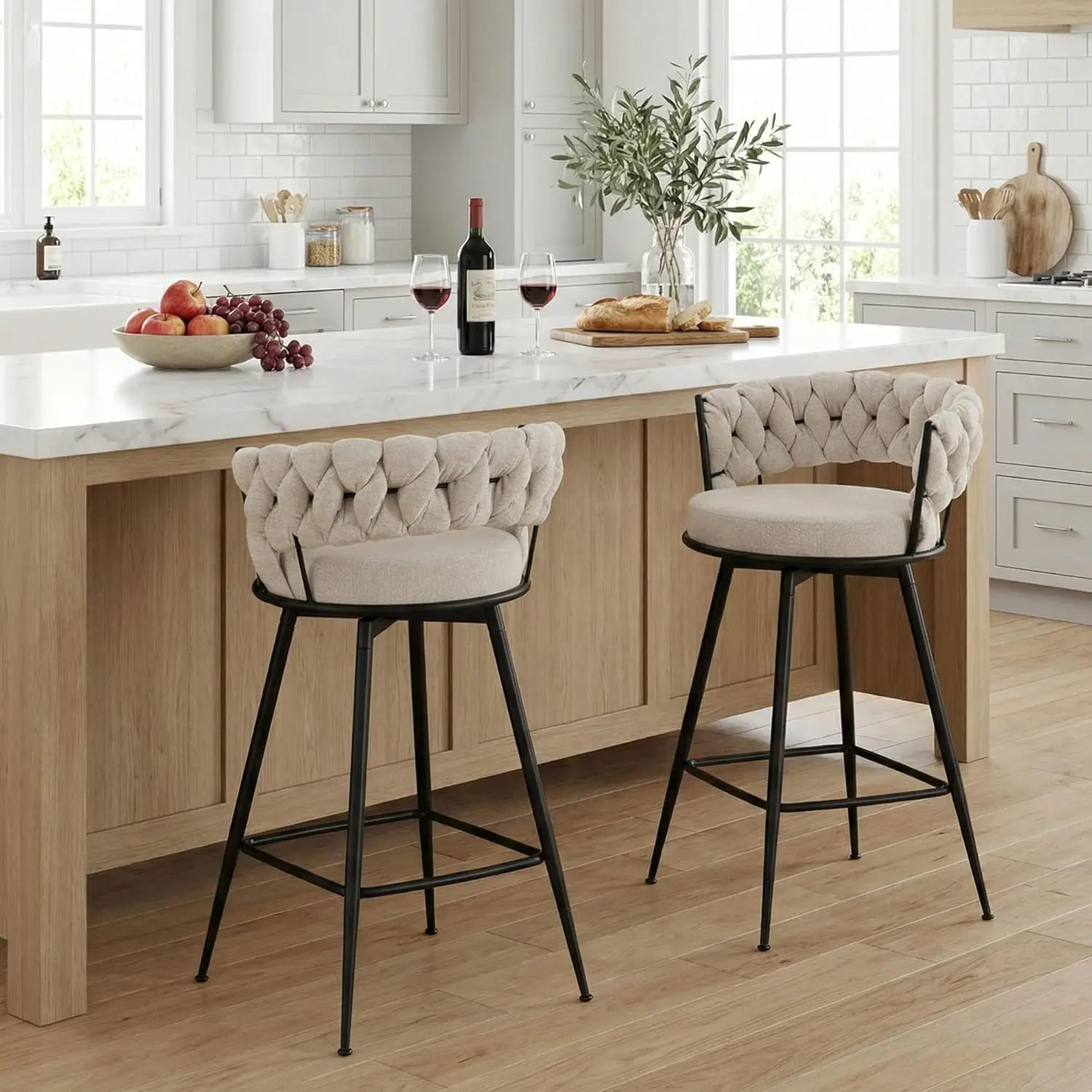 

360° Swivel Bar Stools Set of 2, 28 inch Seat Height Barstools with Woven Low Back, Metal Straight Legs with Footrest, Cheni