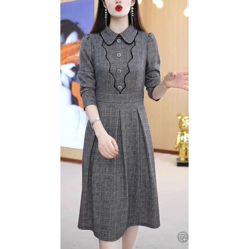 Spring Autumn Doll Collar Vintage Plaid Printing A-line Dress Female Long Sleeve Elegant Fashion Waist Robe Women Casual Vestido