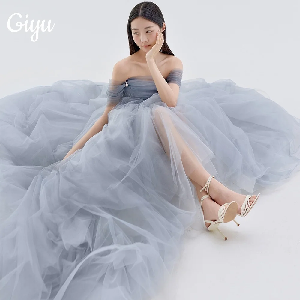 

Giyu Elegant Haze Blue Tulle A-Line Wedding Dress Off Shoulder 웨딩드레스 Customized Korea Photoshoot Plus Size Floor-Length 2025