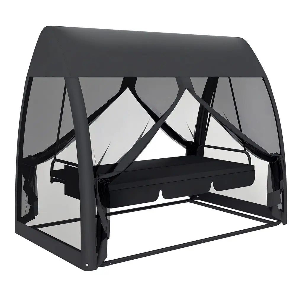 3Seat Patio Swing Chair, Porch Swing Bed with Convertible Backrest, Cushion, Canopy, Side Pocket and Mesh Netting for Patio, Ga