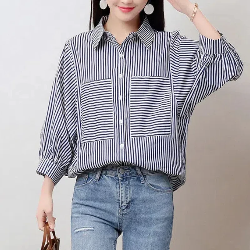 Turn-down Collar Striped Contrast Color Pockets Button Long Sleeve Women\'s Shirt Cardigan Spring Autumn Midi Office Lady Tops