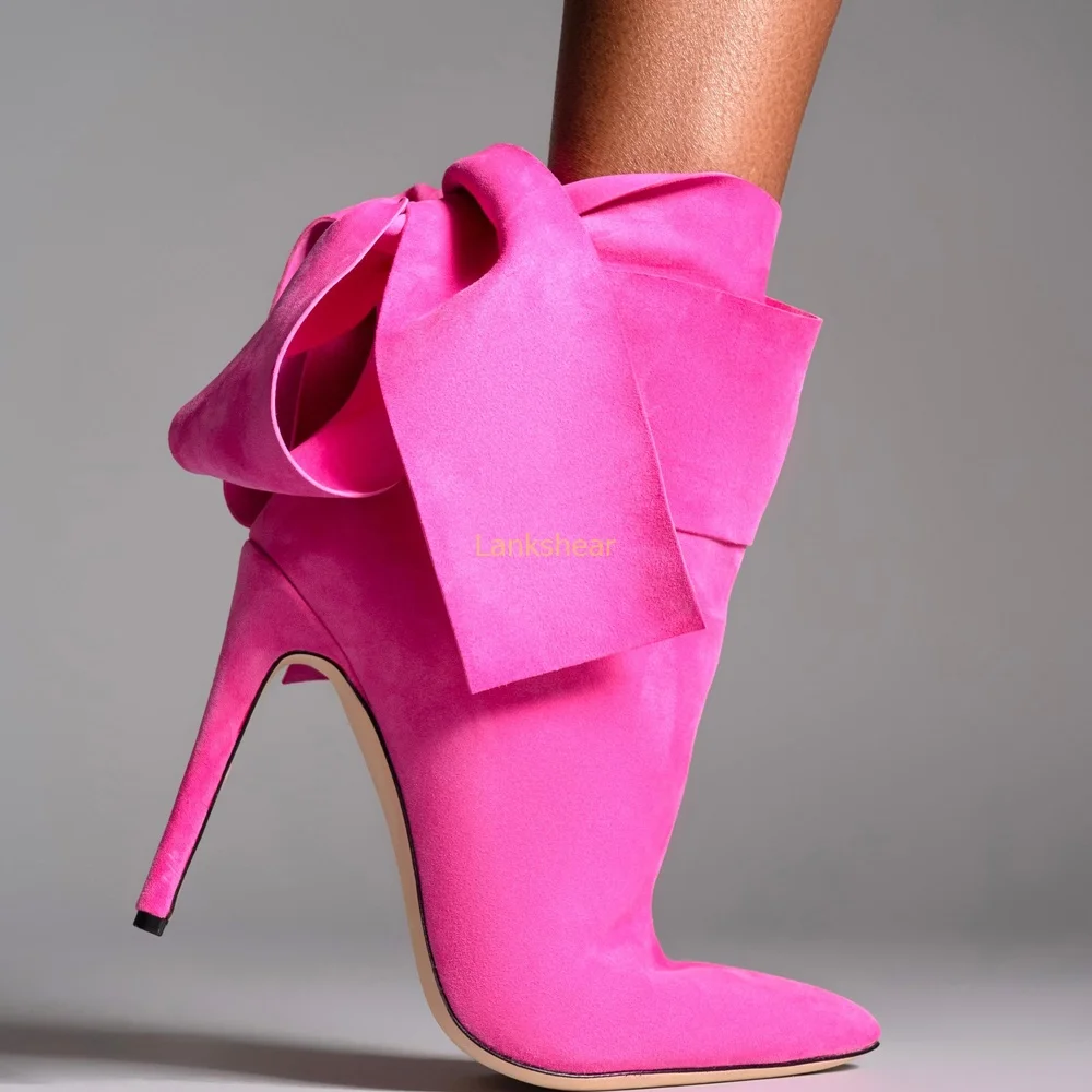 

Pink Suede Butterfky Knot Ankle Boots Sexy Pointed Toe Stiletto Zipper Solid New Arrivlas Fashion Women Modern Boots