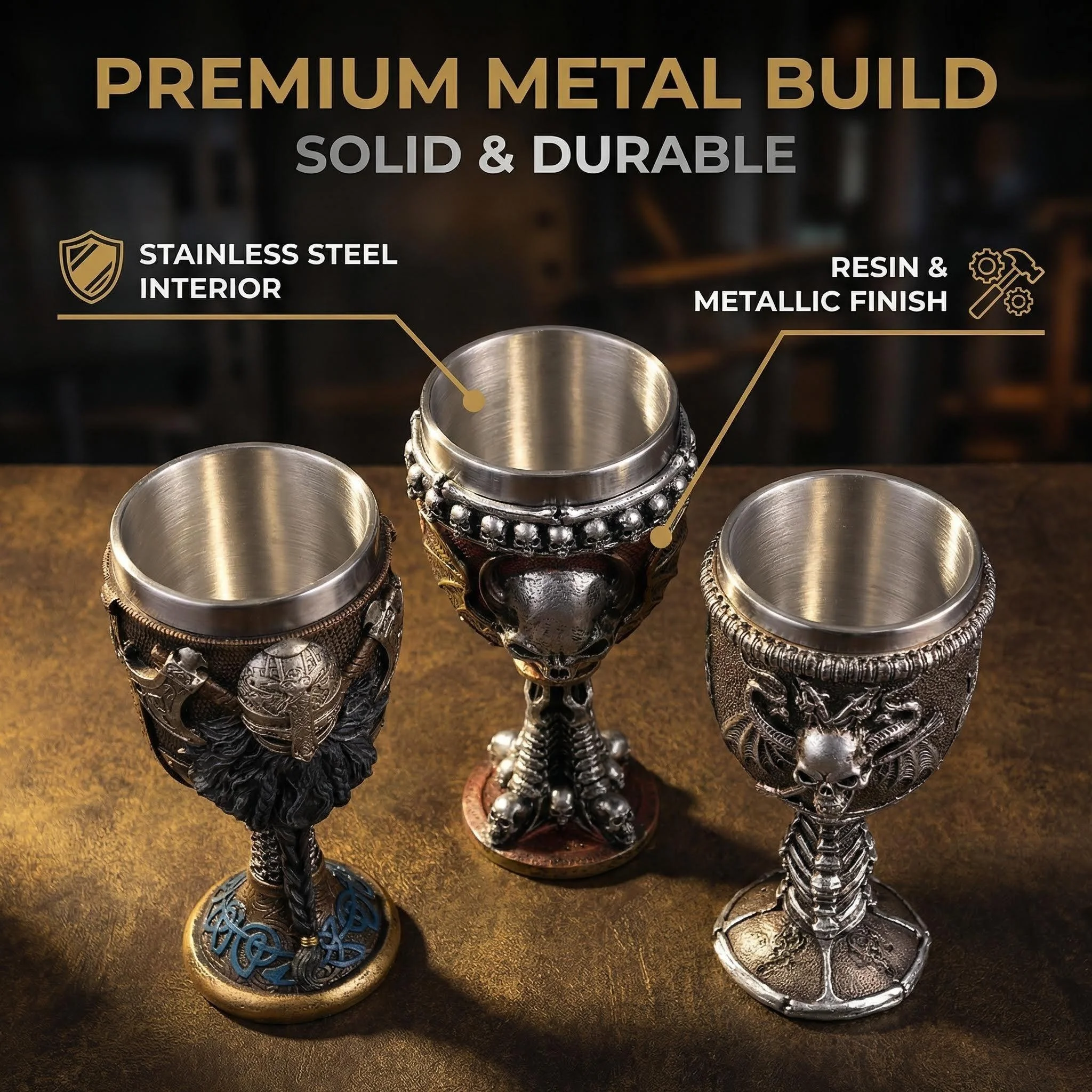 54 NEW Styles Vintage Viking Pirate Series: Resin&304 Stainless Steel High Foot Champagne Glass ,Premium Bar Decoration Ornament