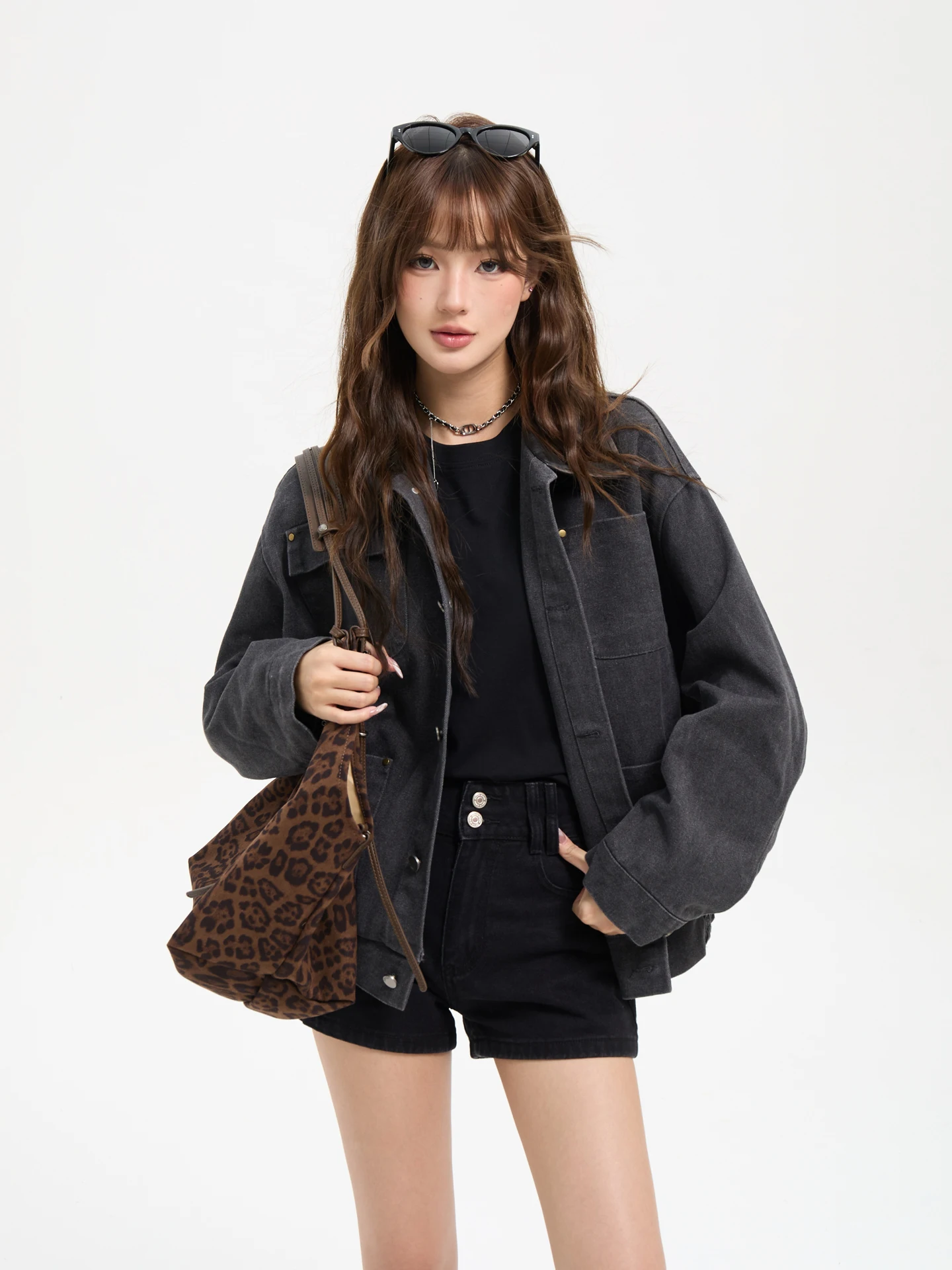 เสื้อแจ็คเก็ตหนัง PU สไตล์เรโทรอเมริกัน 7KEEWEN ทรงหลวม คอปกแบบเว้า  สำหรับคู่รัก  กันลม  แขนยาว