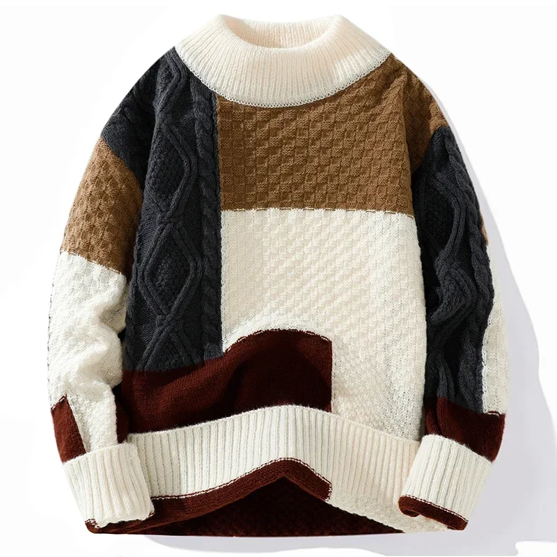 

2025 New Comparative Color Round Neck Sweater for Men in Autumn and Winter, Loose and Lazy Trend, Knitted Bottom Line Sweater