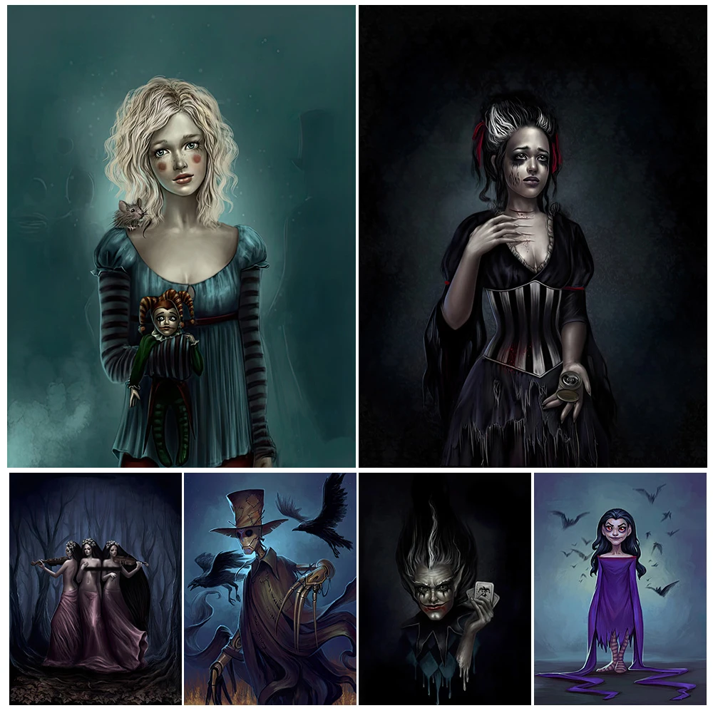 

The Scarecrow And Raven Abstract Wall Art Canvas Painting Mermaid In Bath,The Vampire And Dead Widow Gothic Art Poster Print