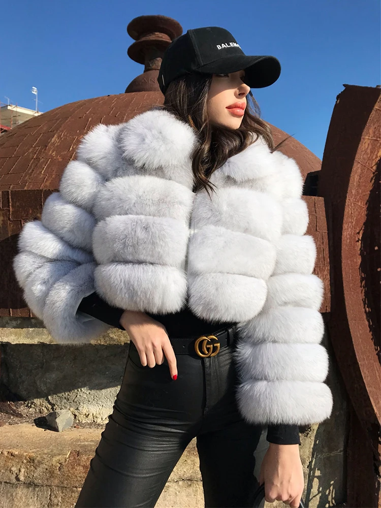 

FURYOUME Women's Real Fox Fur Coat Winter Thick Short Fluffy Full Sleeve Warm Overcoat Natural Fur Jacket Fashion Streetwear