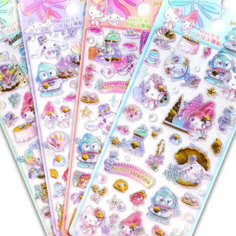 Sanrio 헬로 키티 Hangyodon 오션 테마 릴리프 스티커 환상적인 보석 3d 쉘 물고기 장식 스티커 어린이 장난감 선물