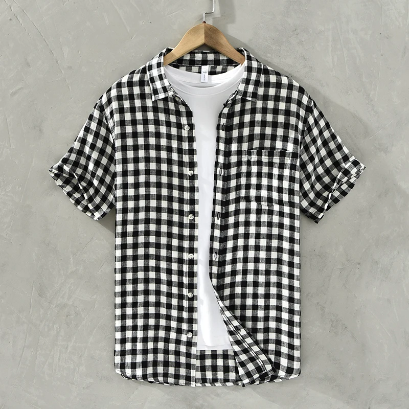 

100% Linen New Stylish Short Sleeved Quality Plaid Shirt Men Brand Trend Breathable Plus Size Top Clothes Chemise Homme De Luxe