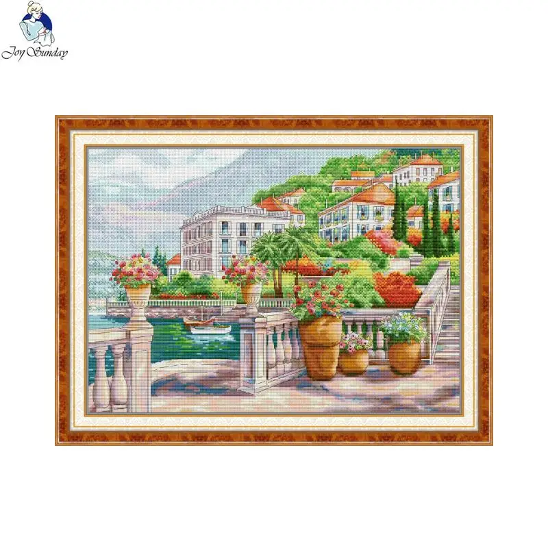 Joy Sunday Landscapes Cross Stitch Kits DIY Resort Town Pattern Handmade Embroidery Needlework DMC Complete Sets Home Room Decor