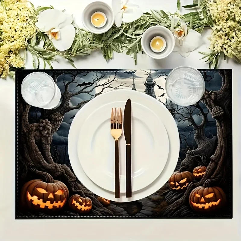 VIKAMA4/6/8/10PC Halloween Placemats Spooky Old Castle Pumpkin Cafe Home Decorations Linen Holiday Atmosphere Gods