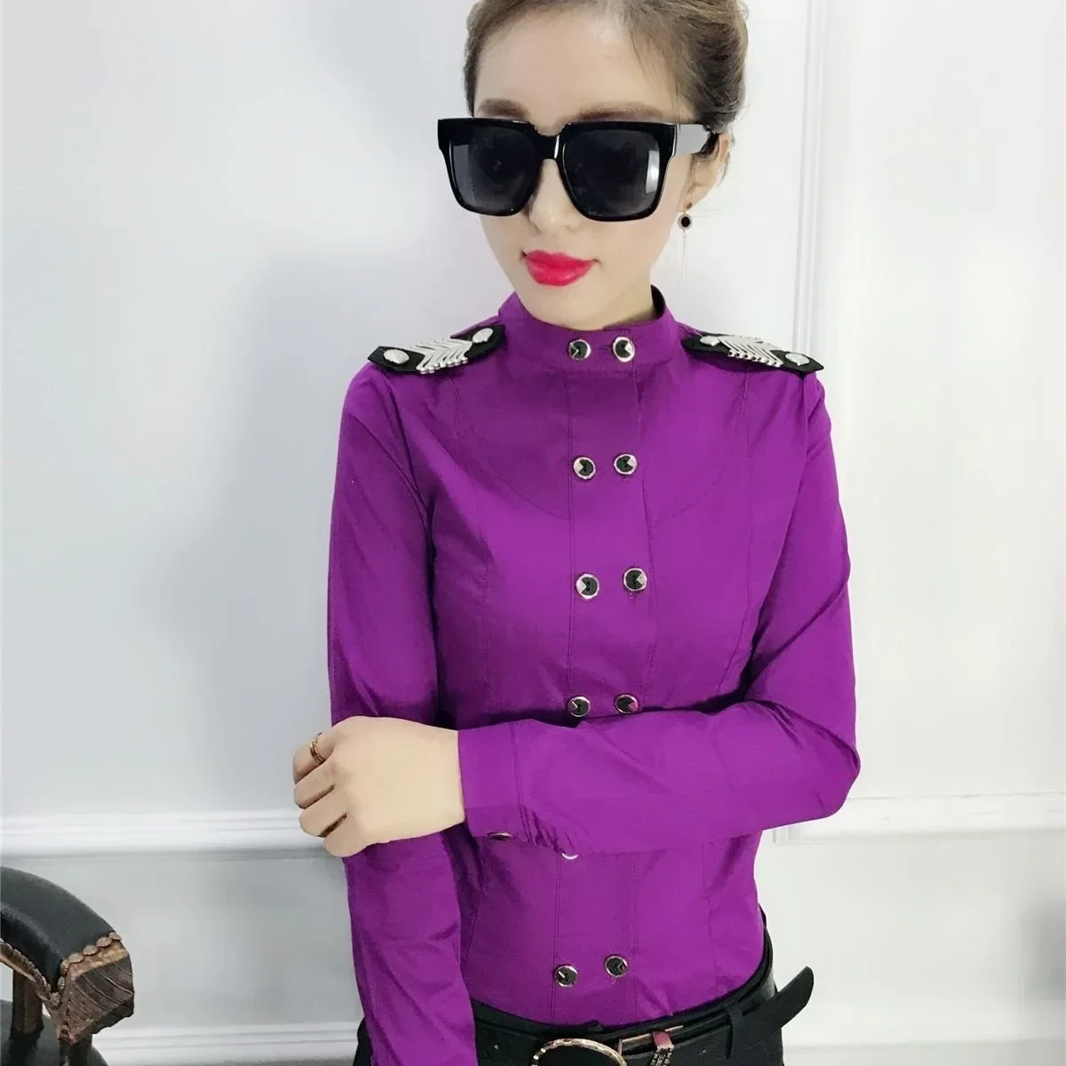 Spring Women purple Shirts Fashion Candy Colors Shirt Women Long Sleeve Button Up Tops  shirts for women